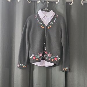 Karen Scott Black Floral Embroidered Cardigan